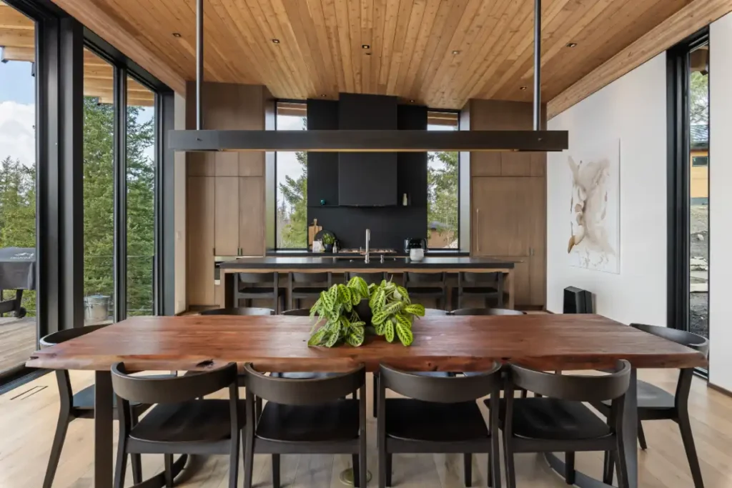 Kitchen and dining areas at the Basking Moose warmed with wood tones.