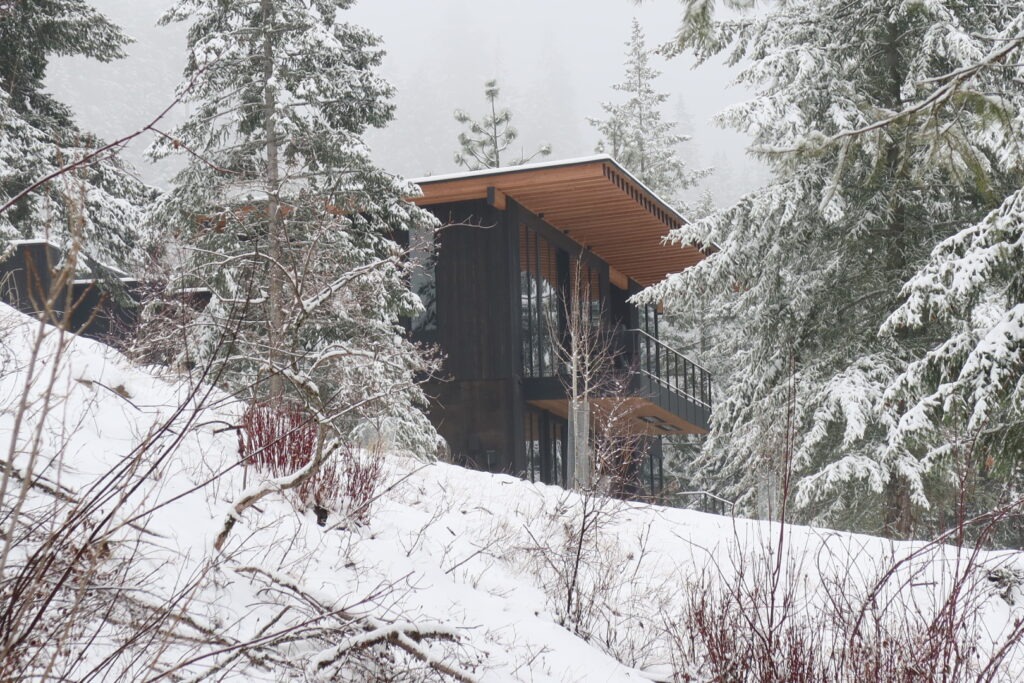 Modern custom home in North Idaho designed for winter conditions, surrounded by snow-covered trees in a remote forest setting.