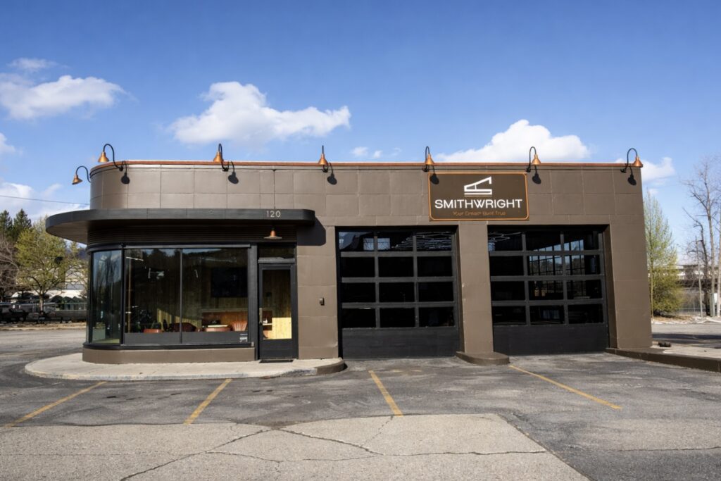 Smithwright Headquarters, in a restored 1940s service station, at 120 Cedar Street in Sandpoint, Idaho on a sunny day