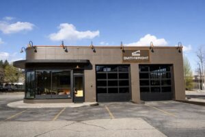 Smithwright Headquarters, in a restored 1940s service station, at 120 Cedar Street in Sandpoint, Idaho on a sunny day